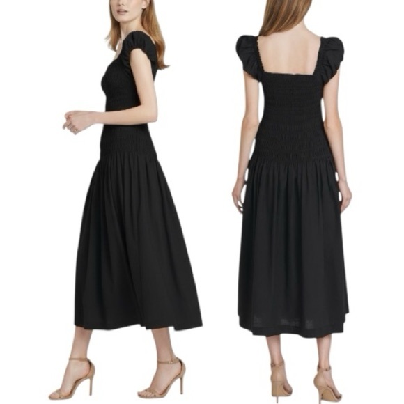 Caroline Constas Women’s Cotton Shirred Bodice Short Puff Sleeve Midi Dress NEW - Picture 3 of 16